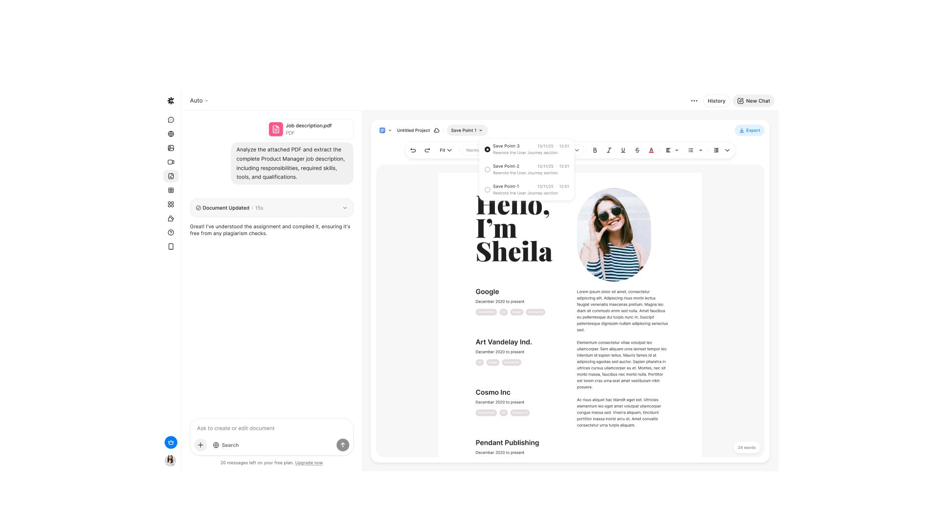 AI-assisted content creation for resumes in Chatly AI Docs