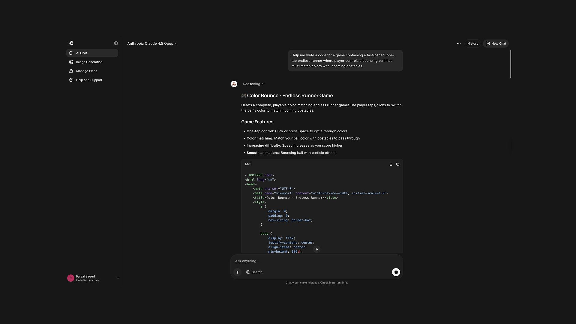 Code for a Mobile Game Generated by Chatly