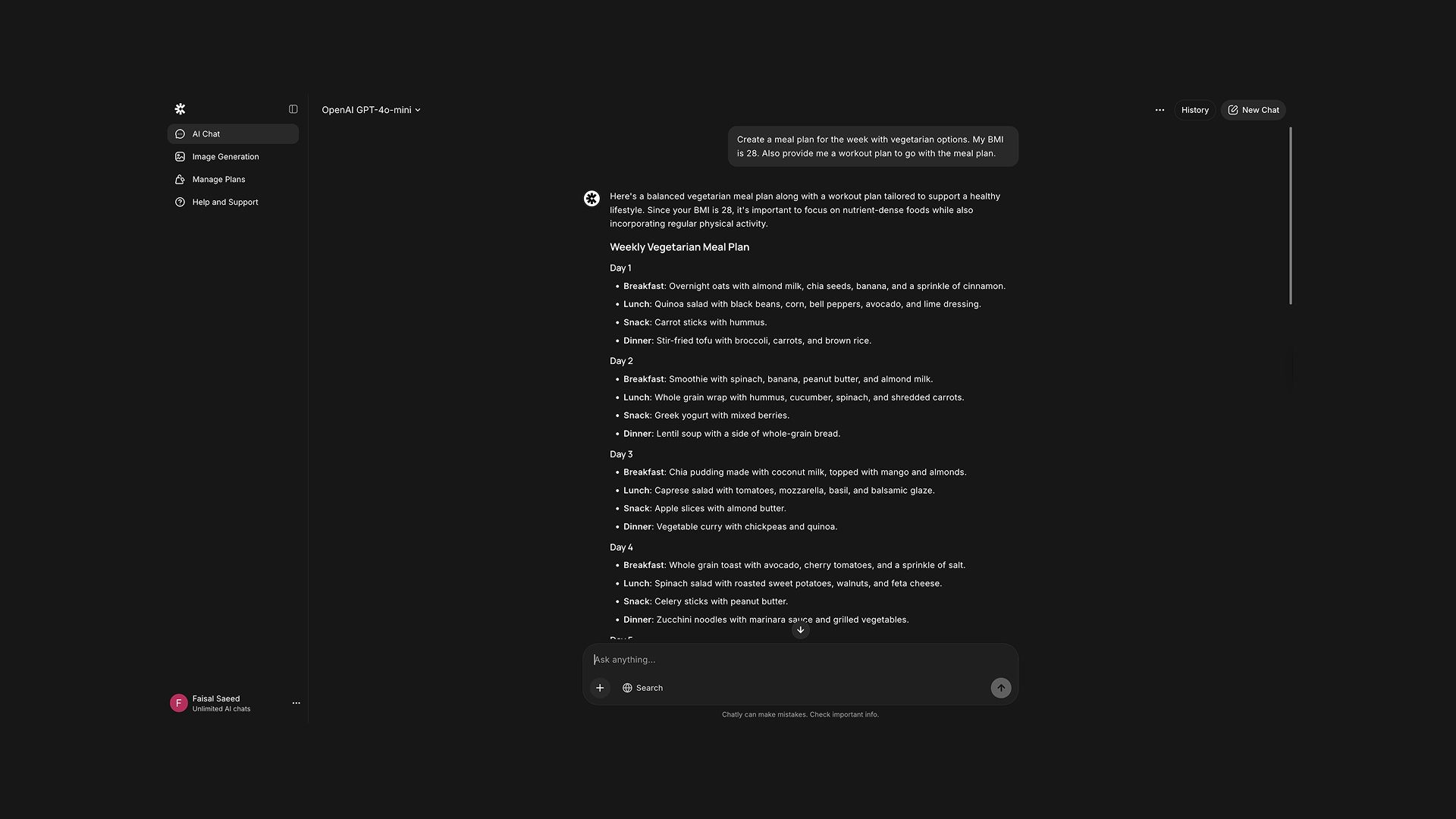 Meal Plan Created by Chatly