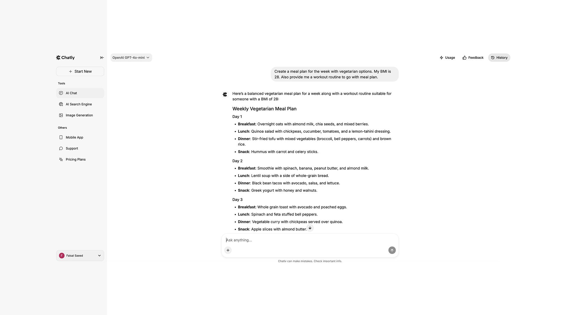 Meal Plan Created by Chatly