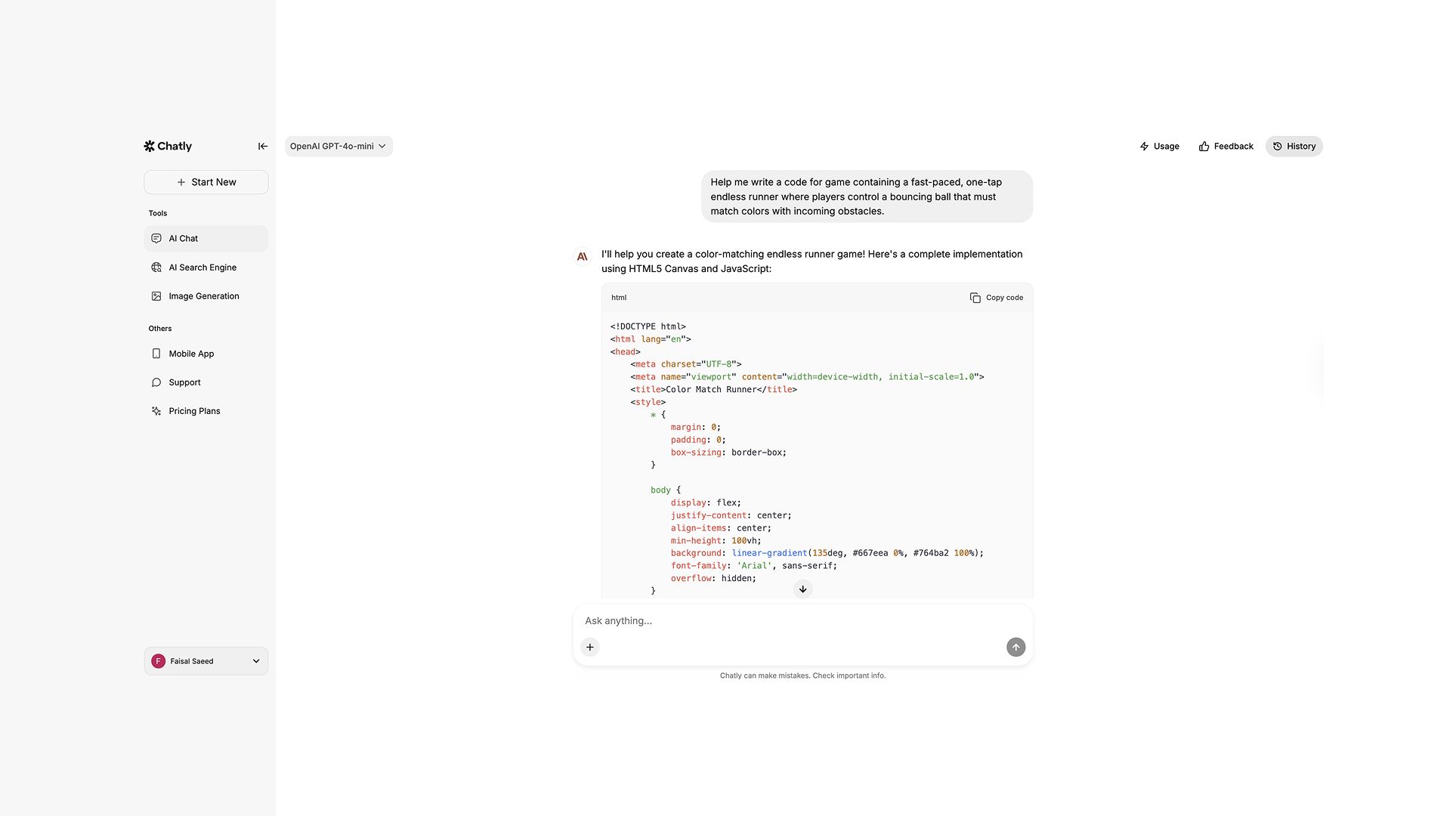 Code for a Mobile Game Generated by Chatly