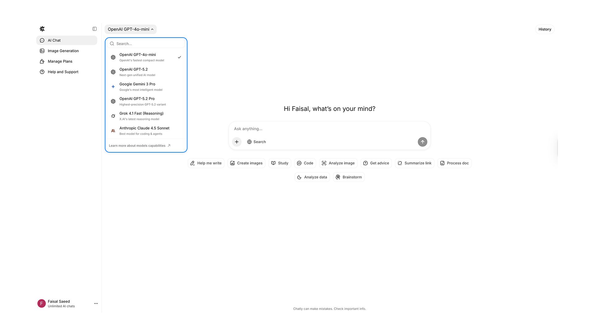 Selecting AI Model in Chatly AI Chat